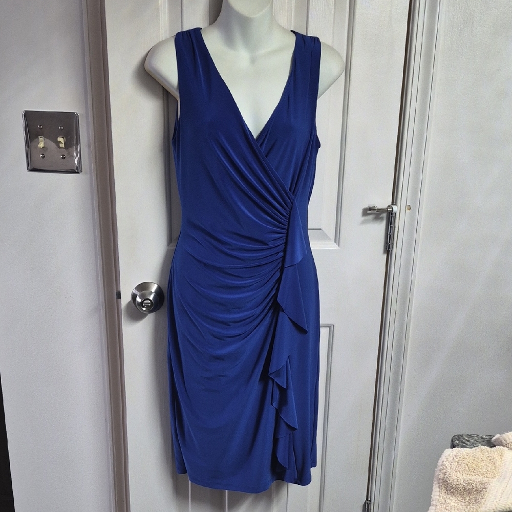 American Living Sleeveless Ruched Faux Wrap Midi Dress in Cobalt Blue
